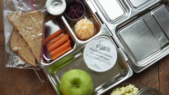 This 2015 image shows a vegetarian boxed school lunch with carrot sticks and fruit.