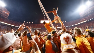Tennessee fans tear down a goal post after defeating Alabama.