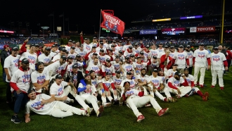 Philadelphia Phillies celebrate after winning the baseball NL Championship Series in Game 5 against the San Diego Padres.