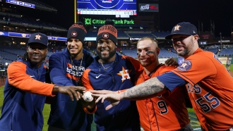 Houston Astros pitchers after a combined no-hitter in the 2022 World Series.