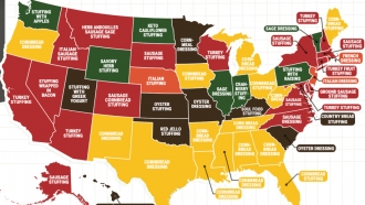 U.S. map showing most-searched Thanksgiving stuffing recipe in each state.