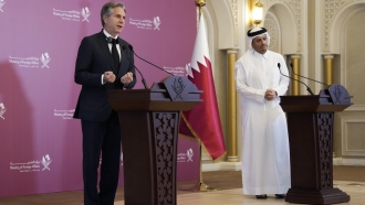 United States Secretary of State Antony Blinken, left, and Qatar Foreign Minister Mohammed Bin Adbulrahman Al Thani