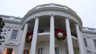 Christmas wreaths decorate the exterior of the White House