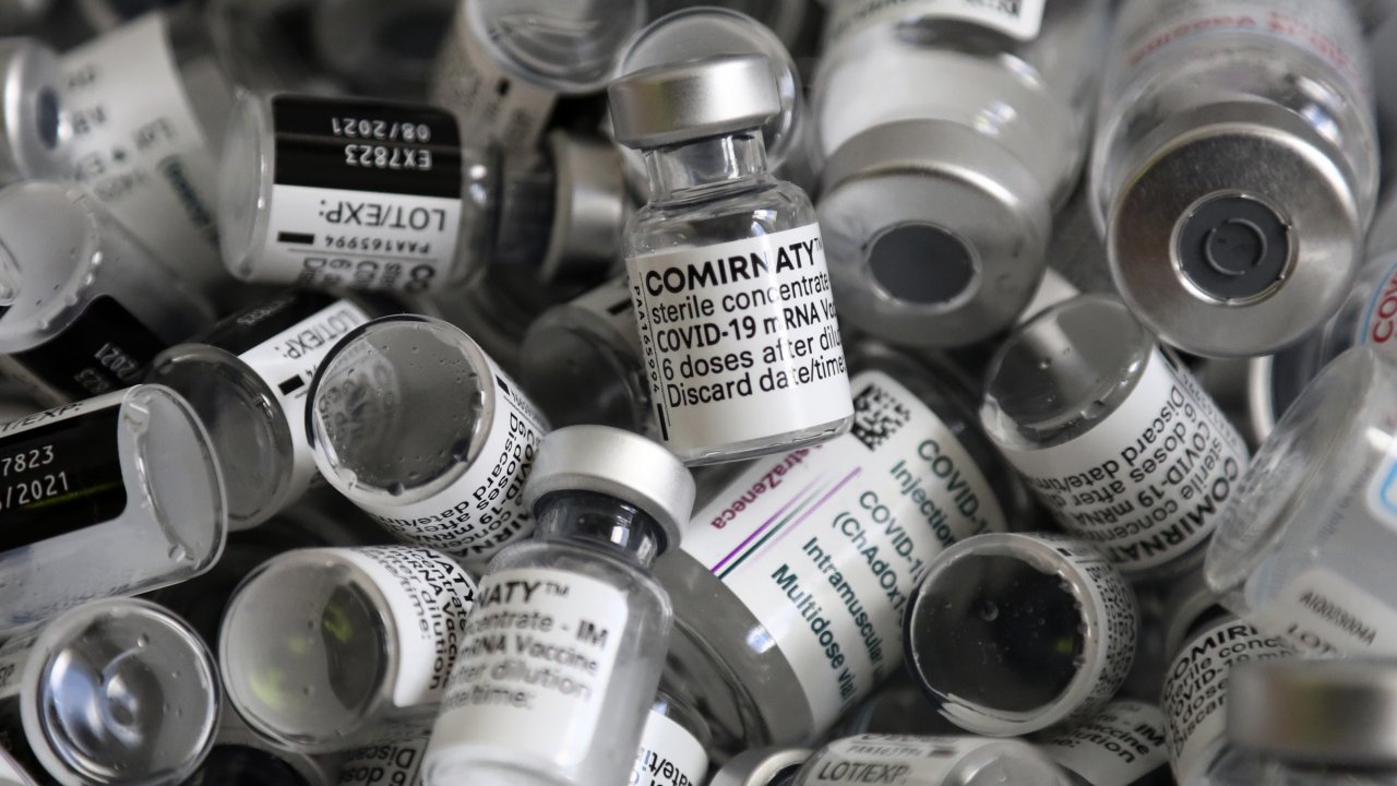 empty vials of the Pfizer-BioNTech COVID-19 vaccine