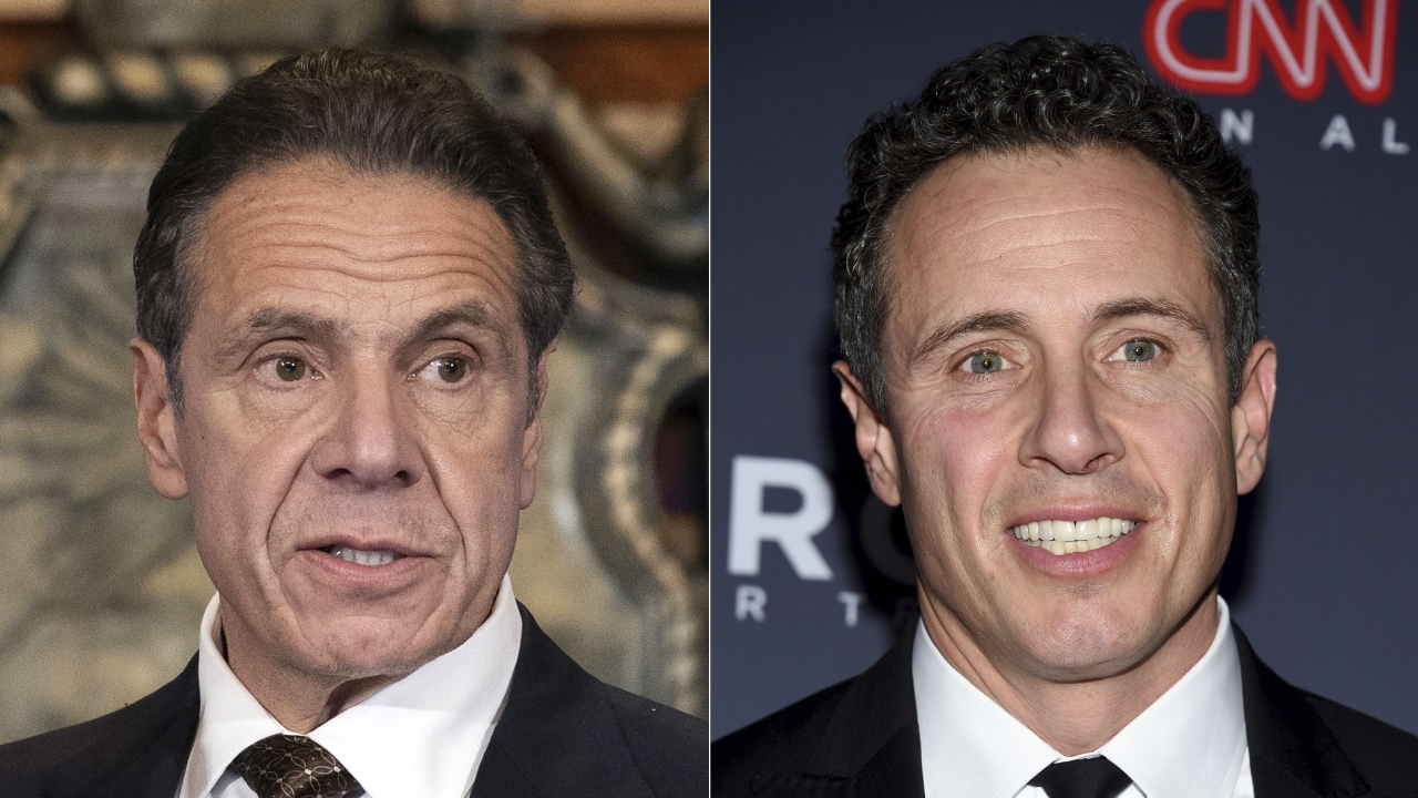 Former New York Gov. Andrew Cuomo appears at a news conference, left, and CNN anchor Chris Cuomo at an event.
