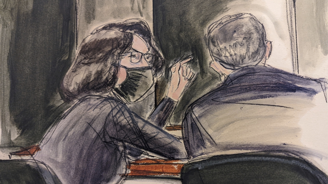 A sketch of Ghislaine Maxwell speaking to her defense attorney