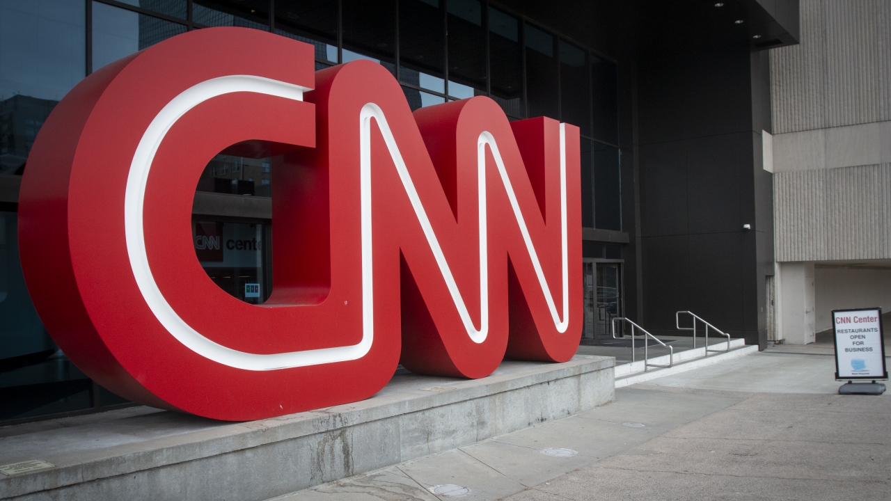 The CNN logo is displayed at the entrance to the CNN Center in Atlanta
