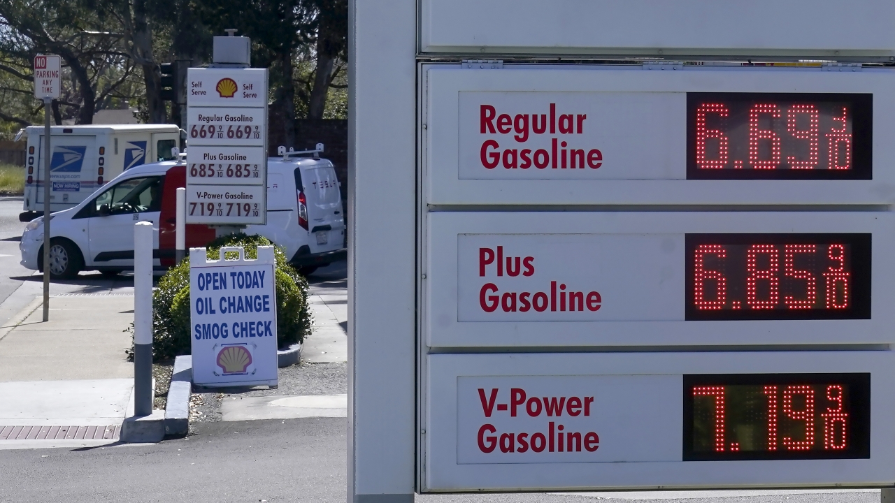 The gasoline price board is shown at a gas station in Menlo Park, California