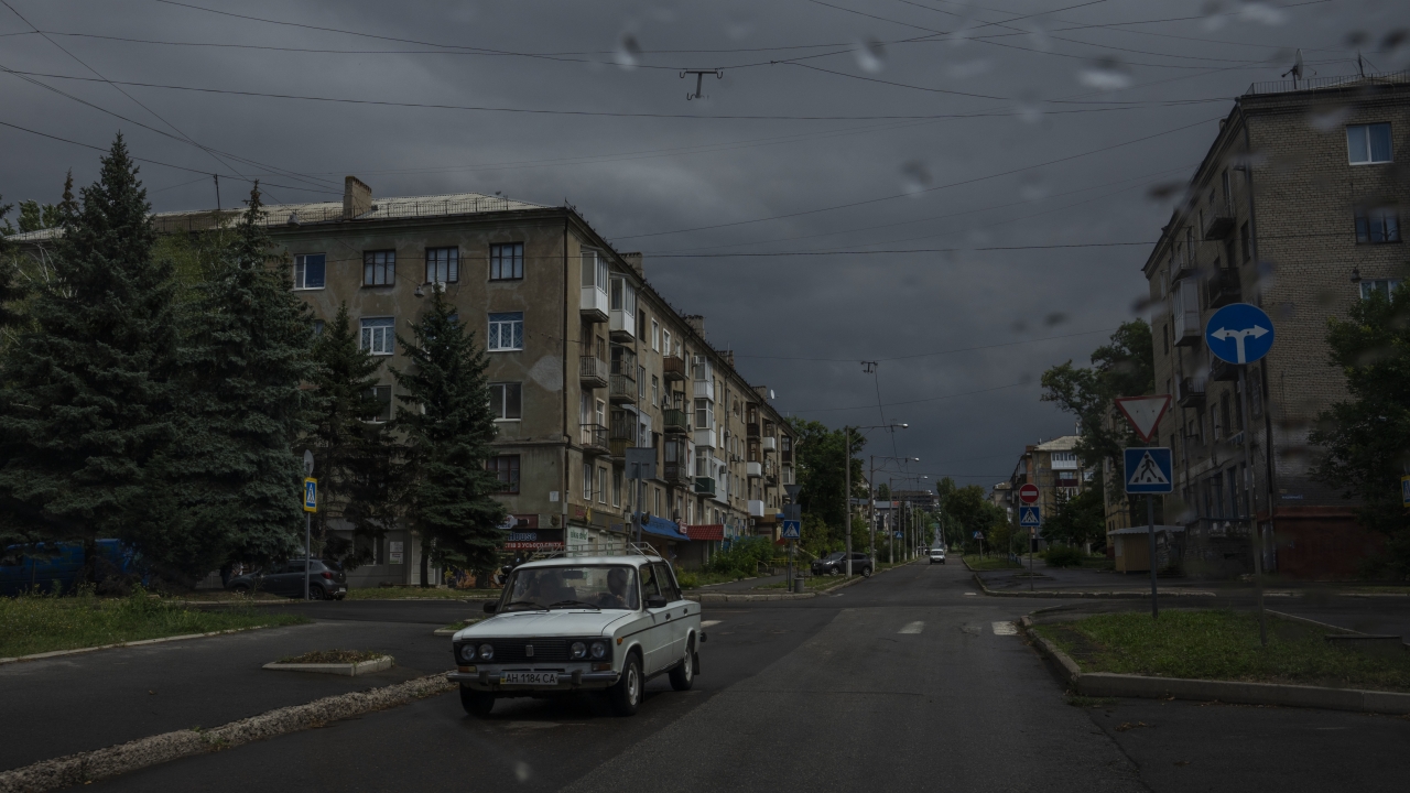 A man drives his car on a street in Kramatorsk, eastern Ukraine.