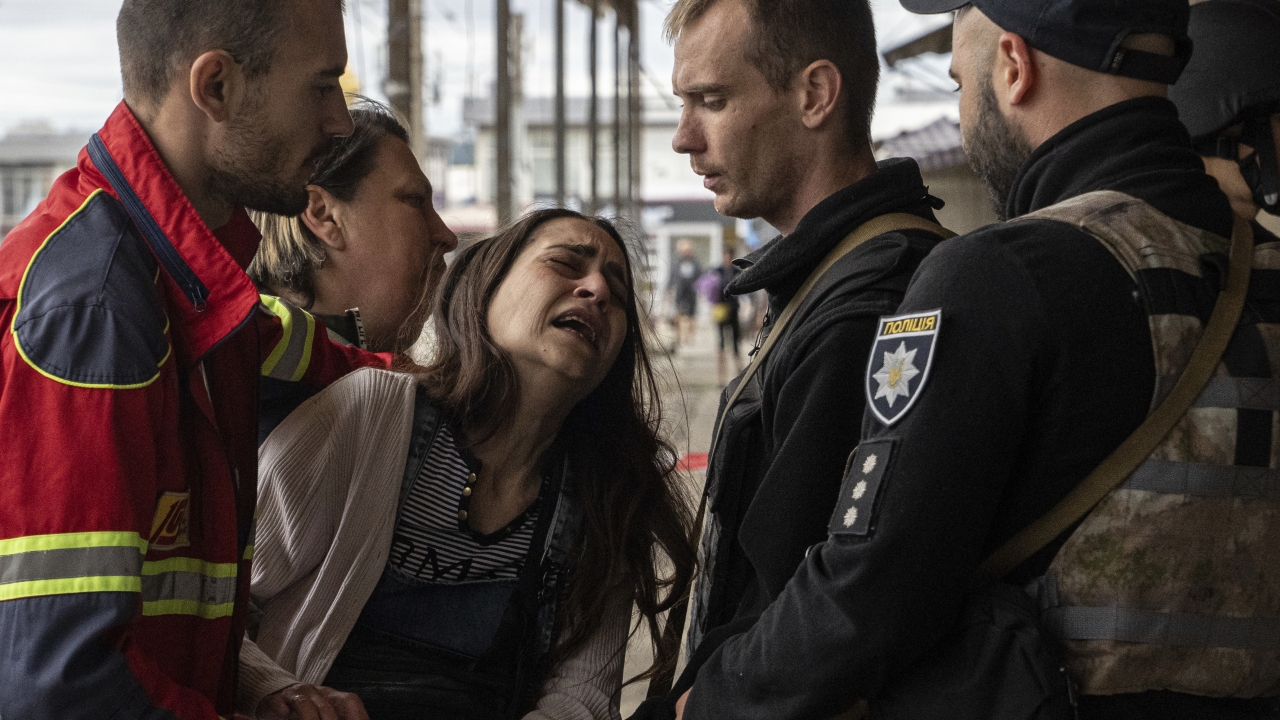 Woman cries following Russian bombing in Ukraine