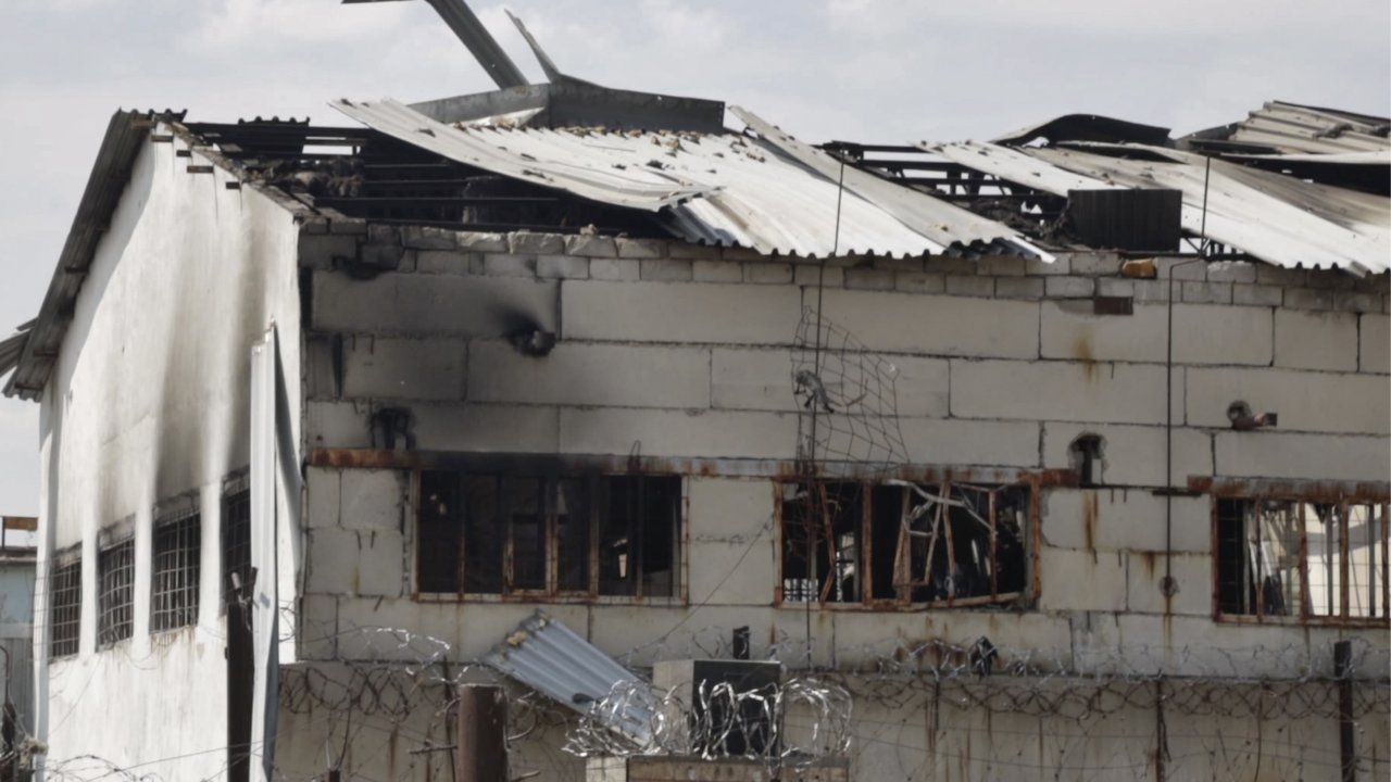A destroyed barrack at a Ukraine prison