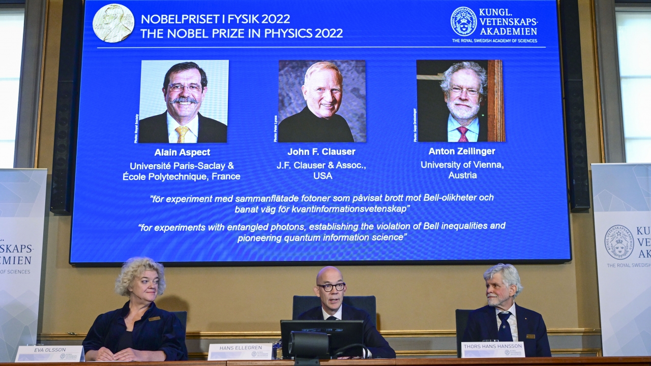 Members of the Nobel Committee for Physics announce the winner of the 2022 Nobel Prize in Physics,