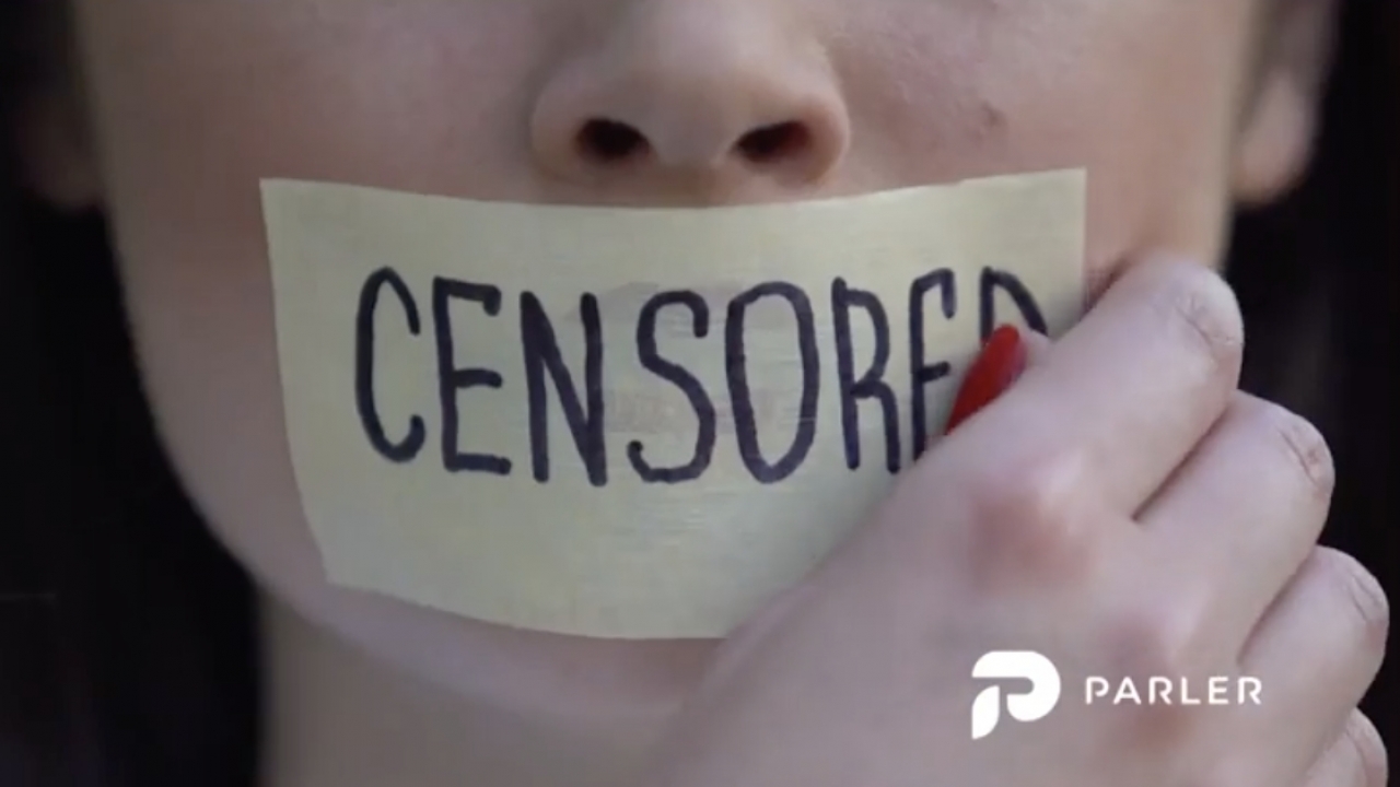 A Parler advertisement shows a woman with a piece of tape saying "Censored" covering her mouth.