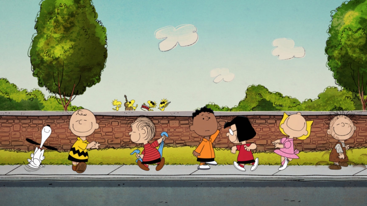 Snoopy, Charlie Brown and other Peanuts characters dance down sidewalk in illustration for movies