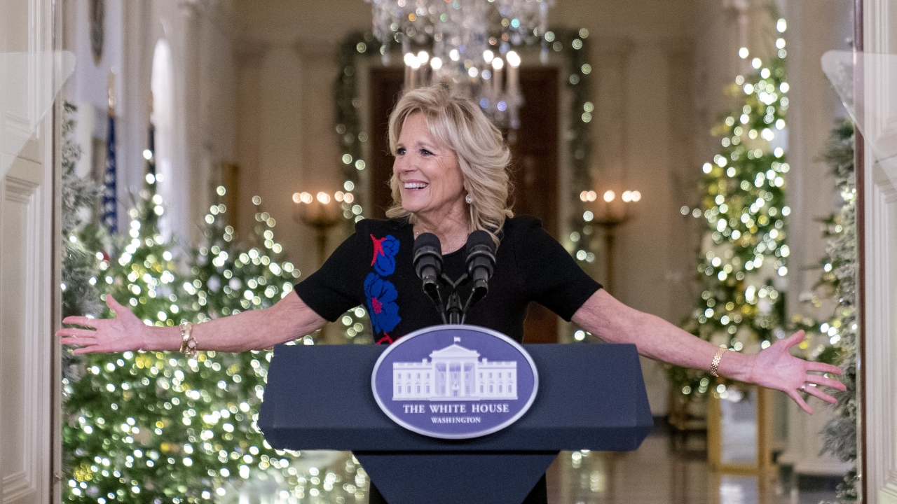 First lady Jill Biden speaks at an unveiling of this year's White House holiday theme.